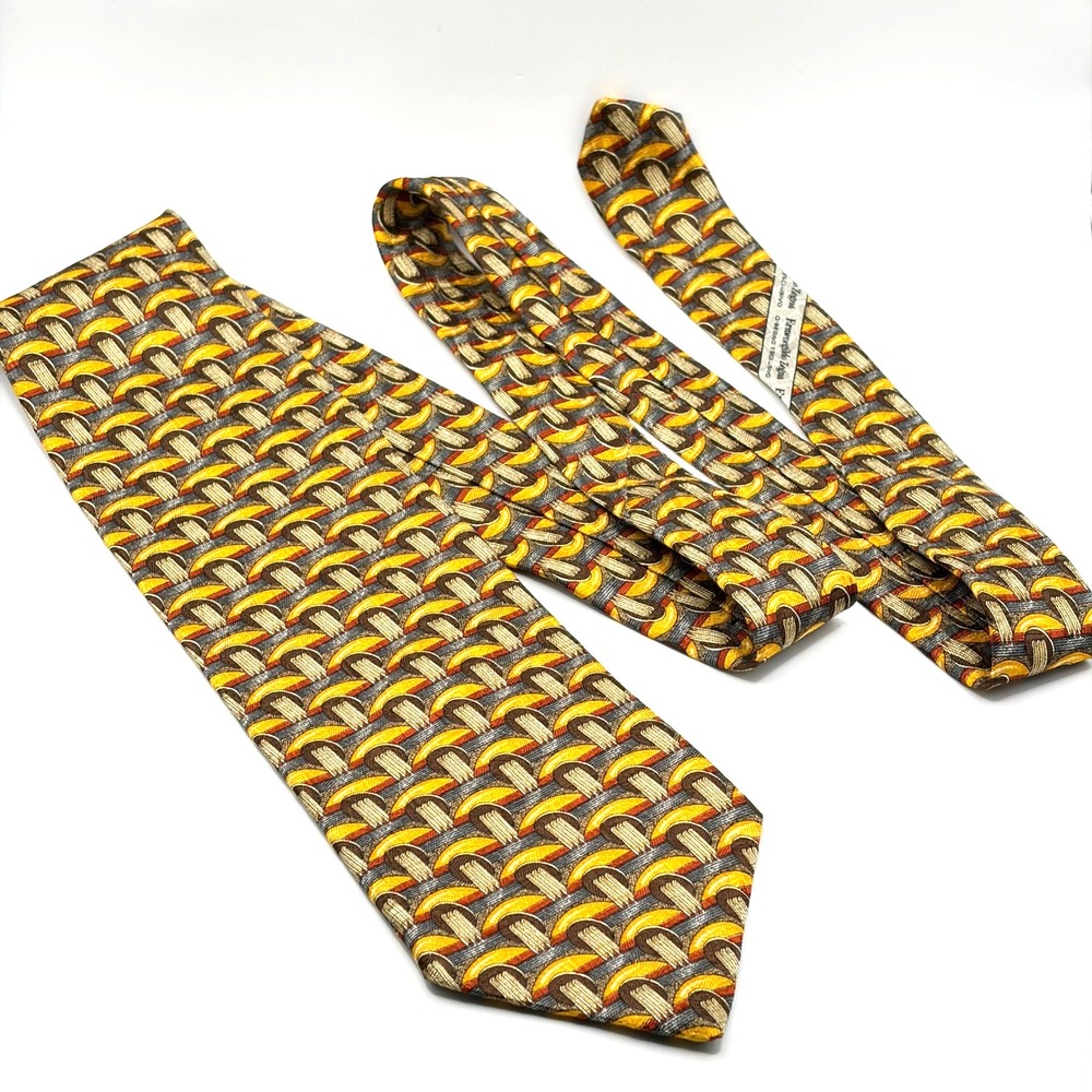 Ermenegildo Zegna Silk Tie Mens Yellow Brown Geometric Abstract Made in Italy - Picture 2 of 8